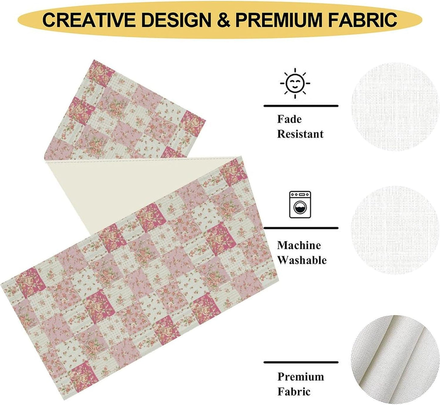 Patchwork Table Runner, Boho Vintage Pink Wildflowers Bohemian Paisley Flower Farmhouse Table Center Decor for Home Kitchen Dining Patio Holiday Party Indoor Outdoor Table Decorations, 13"x108" Inch