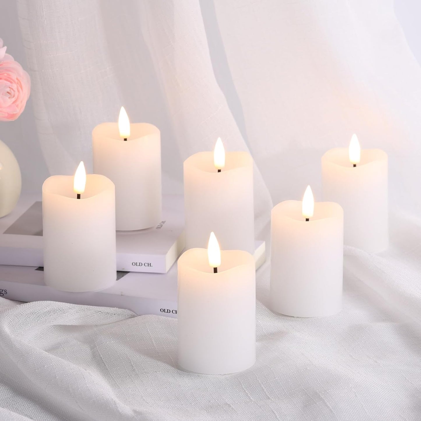Eywamage White Flameless Votive Candles with Remote Batteries, 2x3 inch Flickering Small LED Wax Pillar Candles 6 Pack