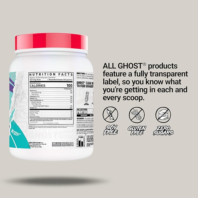 GHOST Clear Whey Isolate Protein Powder, Blue Raspberry - 1.4 LB Tub, 25G of Whey Protein - Post Workout Drink for Muscle Gain & Recovery – Sugar Free, Soy Free & Zero Fat, 20 Servings