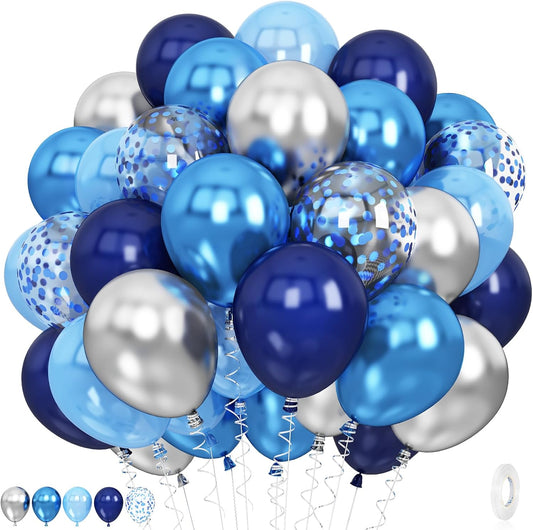 60 Pcs Blue and Silver Balloons, Navy Royal Blue Silver Party Balloons with Metallic Confetti Helium Latex Balloons for Birthday Baby Showers Fathers Day 2025 Graduation Decoration
