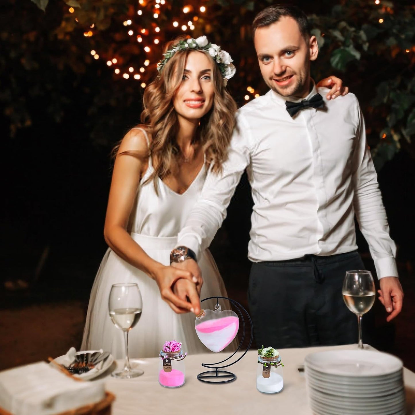 Mqiielle Wedding Unity Sand Ceremony Kit Include Moon Stand Love Bottle Cork 2 Ceremonial Vases with Flower Garlands Wedding Sand for Weddings Bridal Parties Valentine's Day