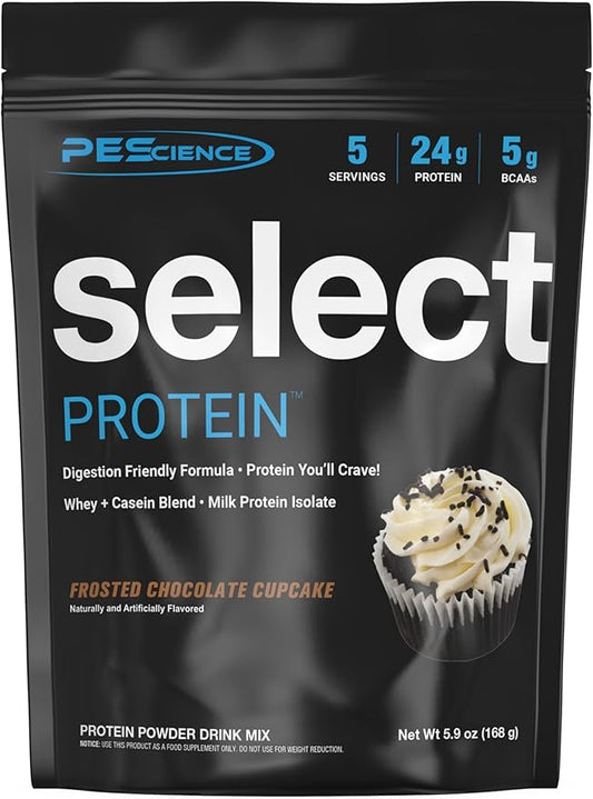 PEScience Select Protein Powder, Whey and Casein Blend, Clean Protein Powder for Women and Men, Low Calorie, Low Carb, Keto Friendly, Gluten Free, Frosted Chocolate Cupcake, 5 Servings