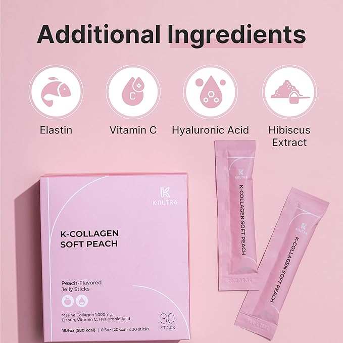 K-Nutra K-Collagen Soft Peach (15.9oz, 30 Sticks) - Holiday Gifts - Skin, Hair, Nail Health, Tasty Jelly, Fast Absorption. Low-Molecular Marine Collagen, Vitamin C