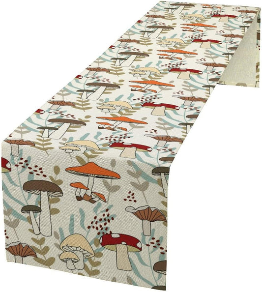 Mushroom Table Runner, Vintage Nature Plant Table Runner for Farmhouse Kitchen Dining Table Decoration for Home Party Decor 13x90 Inch