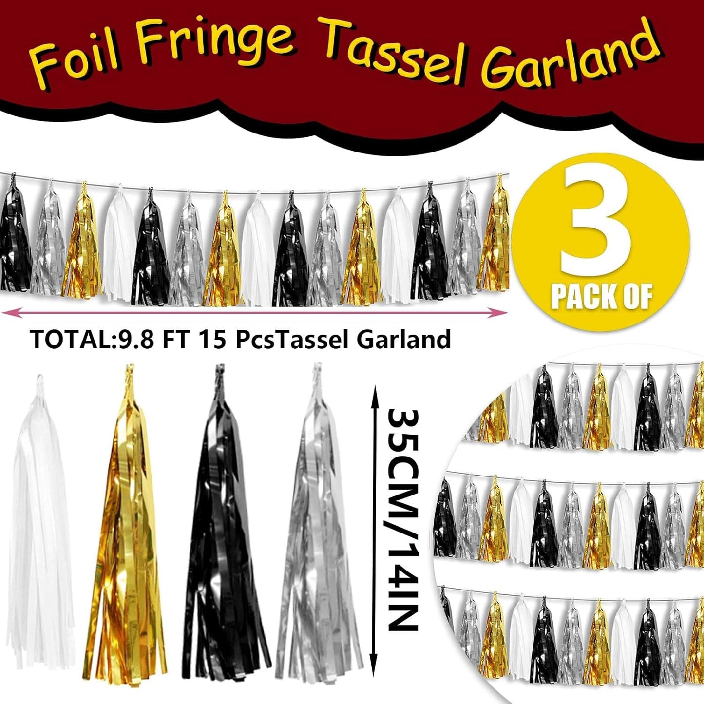 3P Metallic Fringe Tassel Banner Garland Foil Tinsel Streamer Wall Hanging Curtain Backdrop Banner for Parade Floats,Graduation Decorations, New Years Decorations,Father' Day(Black Gold Silver)
