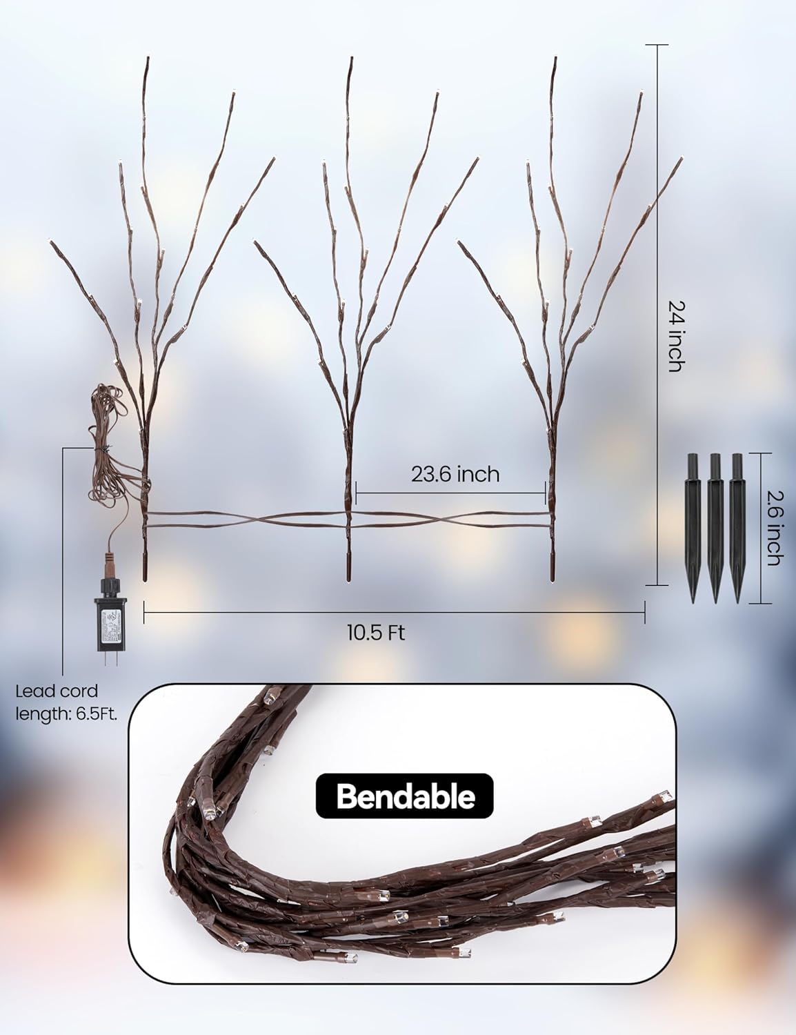 Lighted Branches for Vases Plug in - 6 Pack 24Inch 60 LED Christmas DIY Twig Pathway Lights, Artificial Tree Bendable Xmas Fairy Lights with Stakes for Outdoor Indoor Party Decoration, Multicolor