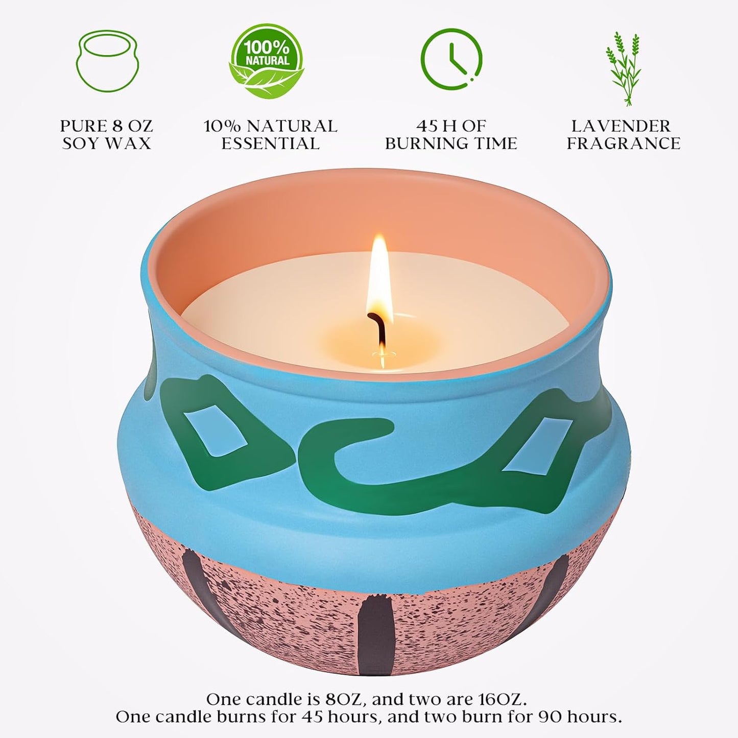 Lavender Candles, Scented Candles Gift Set for Women, Coarse Pottery Container，Natural Soy Wax, Set 2 Pack, Total 16oz, 90 Hours of Burn, One Silk Scarf，Candles for Home Scented