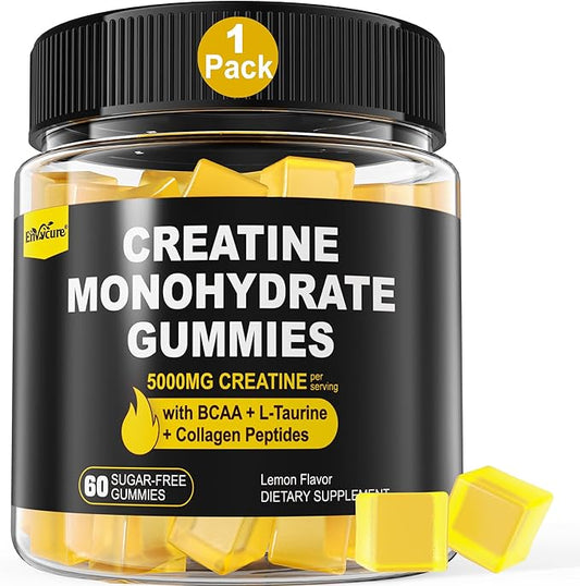 Creatine Monohydrate Gummies for Men & Women - with BCAA, Collagen Peptides, L-Taurine, Vitamin B12, D3, Creatine Monohydrate 5000mg (5g) Per Serving, Lemon Flavor, Sugar Free, 1 Pack