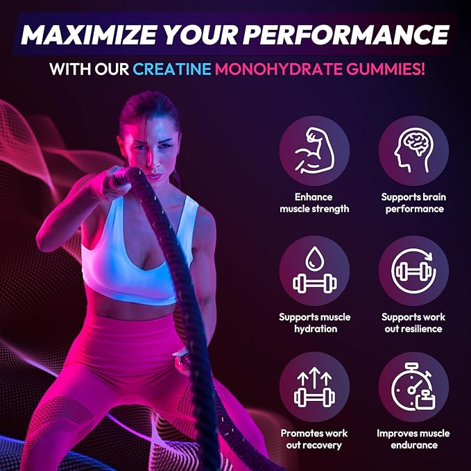 Creatine Gummies Monohydrate Complex 9000MG, Pre-Workout Supplement for Men & Women, Creatine Supplement with L-Taurine, BCAA 2:1, B12/6 for Muscle Support, Enhance Strength, Energy Boost-120 Count