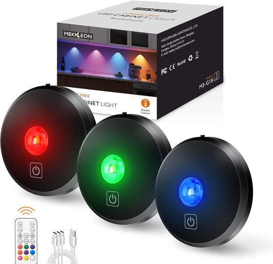 RGB Puck Lights with Remote Control, 2000mAh Rechargeable Stick on Led Lights, 9 Colors & 2 Dynamic, Tap Light with Timing,Under Cabinet Lighting for Closet,Kitchen,Cabinet,Shelf(Black, 3 Pack)