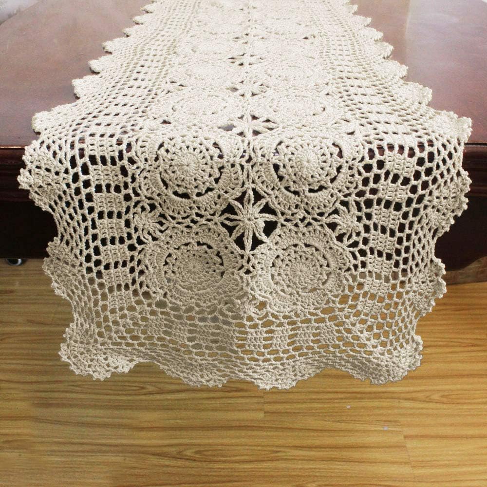 KEPSWET Cotton Handmade Crochet Lace Table Runner Beige Rectangle Coffee Table Dresser Decor (14x72 inch)