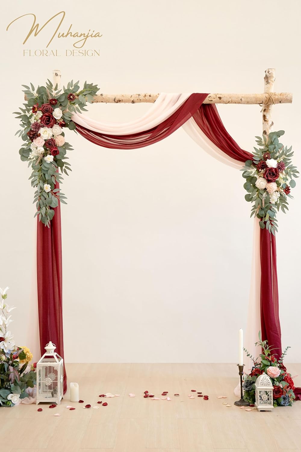 Artificial Wedding Arch Flowers Kit(Pack of 4),2Pcs Artificial Flower Arch Decor, 2Pcs Chiffon Fabric Drapes, Ceremony Decoration, Floral Outdoor Party Decor (Burgundy & Blush)