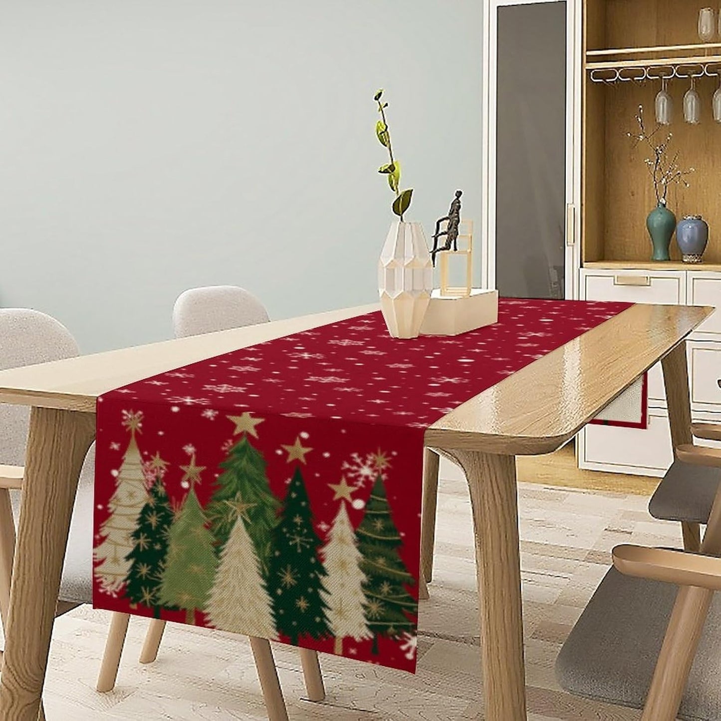 Merry Christmas Table Runner,Red Christmas Tree Snowflake Winter Seasonal Table Cloth Kitchen Dining Table Decoration for Home Party Decor 13x60 Inch