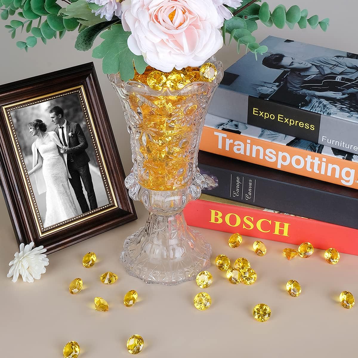 Acrylic Diamond Fake Gems Vase Filler, Babenest 240pcs 3/4 Inch Faux Diamonds Crystals Jewels for Table Scatters Wedding Party Event Arts & Crafts Birthday Decoration Favor (Gold)