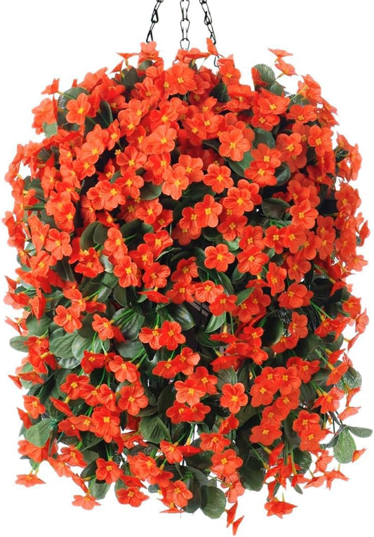 Artificial Fake Fall Hanging Flowers Plants Baskets for Autumn Outdoor Outside, Faux Silk Orange Orchid in Planter UV Resistant for Home Porch Garden Yard Patio Decor