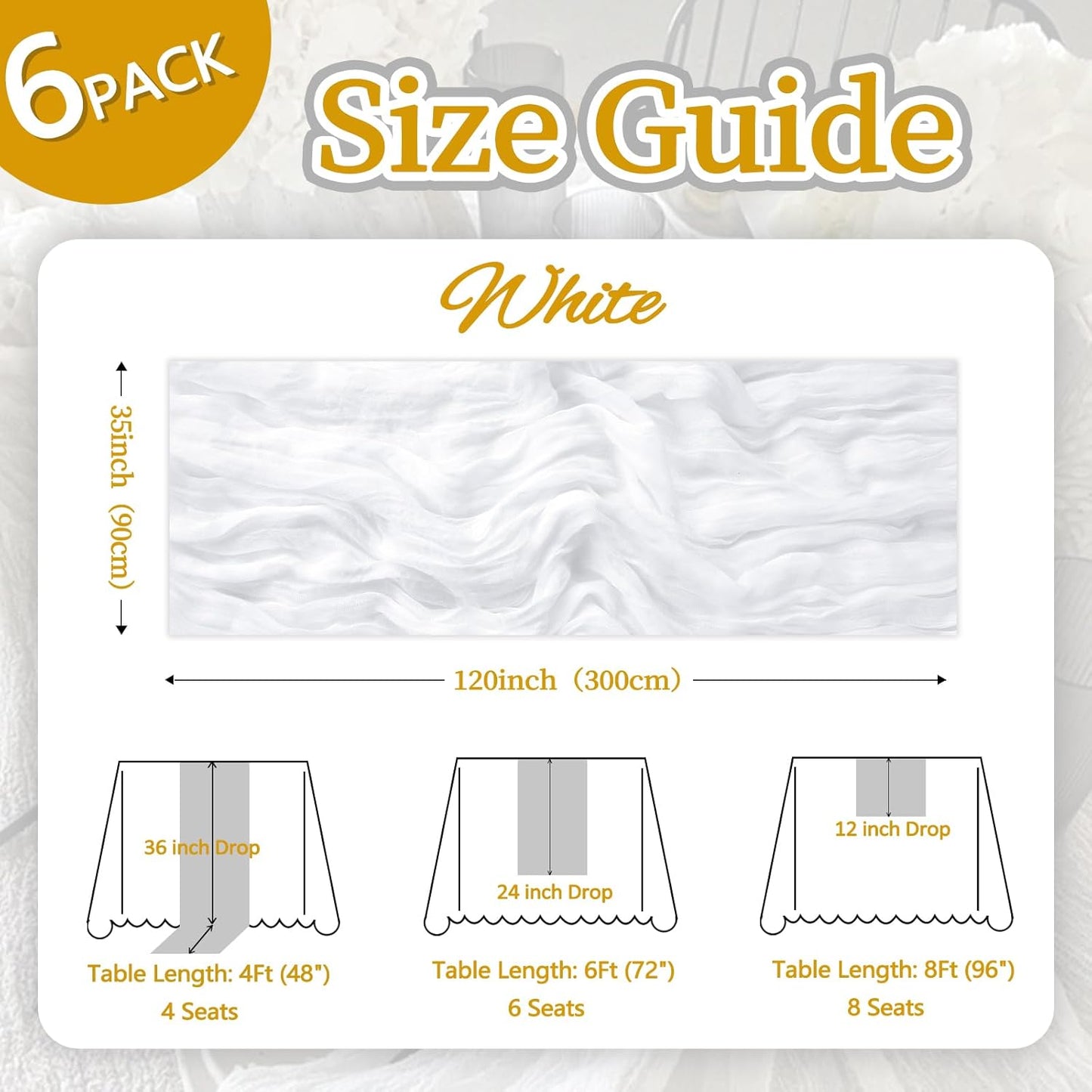 6 Pack White Cheesecloth Table Runner 10ft Boho Gauze Fabric Cheese Cloth Table Runner 35 x 120 Inch Rustic Sheer Runner for Romantic Wedding Decor Baby Shower Party Table Centerpiece Decoration
