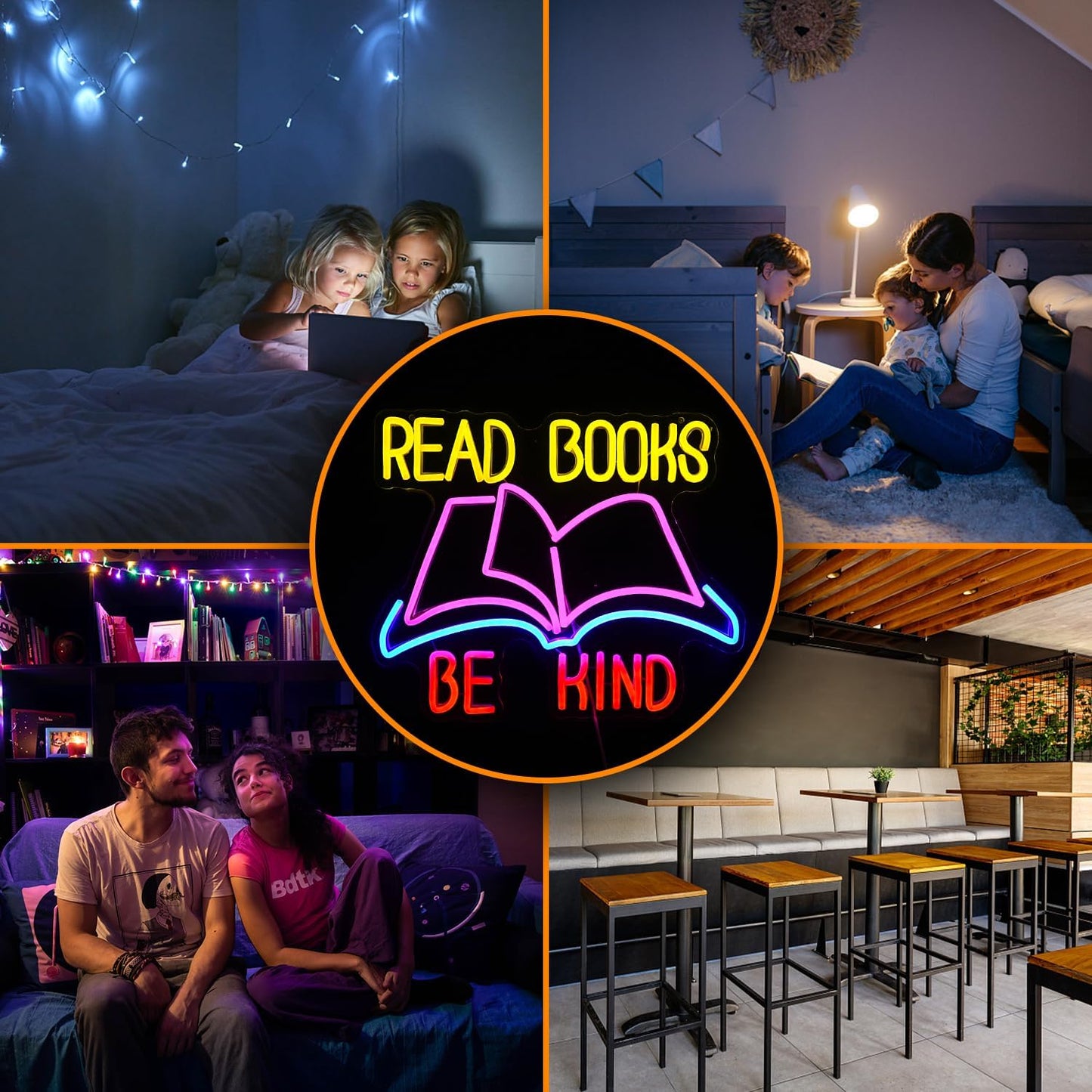 Read Books Be Kind Neon Sign Dimmable USB Powered Read Books Neon Light for Wall Decor Be Kind Led Light Sign Bright Books Light Up Sign for Classroom Reading Room Bookstore Library