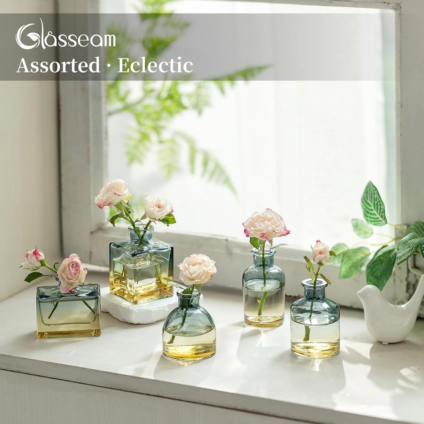 Glasseam Mini Bud Vases for Centerpieces: Clear Small Flower Vase Set of 20 Cute Tiny Glass Table Centerpieces Modern Wedding Birthday Party Baby Shower Dining Room Decoration Yellow Blue