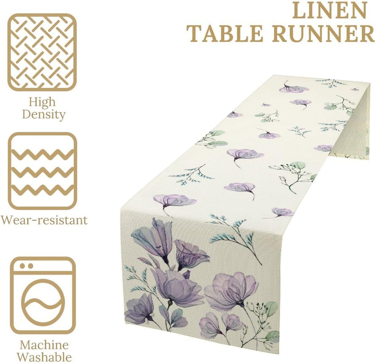 Poppy Flower Table Runner, Watercolor Purple Floral Leaves Seasonal Spring Summer Table Runner for Kitchen Dinning Table Runner Decor Home Wedding Party Holiday, 13x70 Inch
