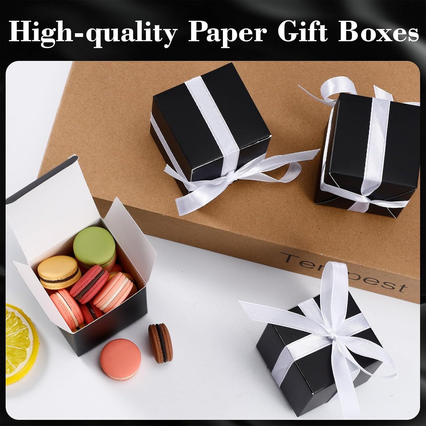 COCPOK 50 Pack Black Gift Boxes, 2x2x2 inch Gift Box, Small Candy Boxes with Lids and Ribbons, Paper Favor Box for Wedding Bridal Shower Baby Shower Birthday Party