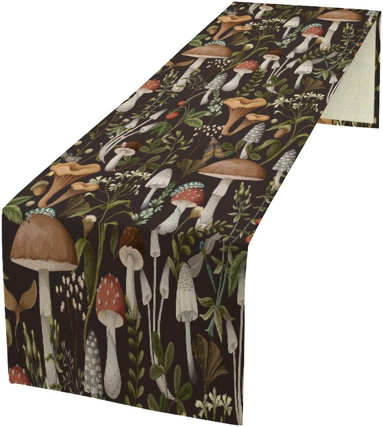 Mushroom Table Runner,Retro Forest Wildflower Botanical Plants Flower Art Pattern Print Burlap Hotel Indoors Outdoor Dining Room Kitchen Holiday Party, 13x60in