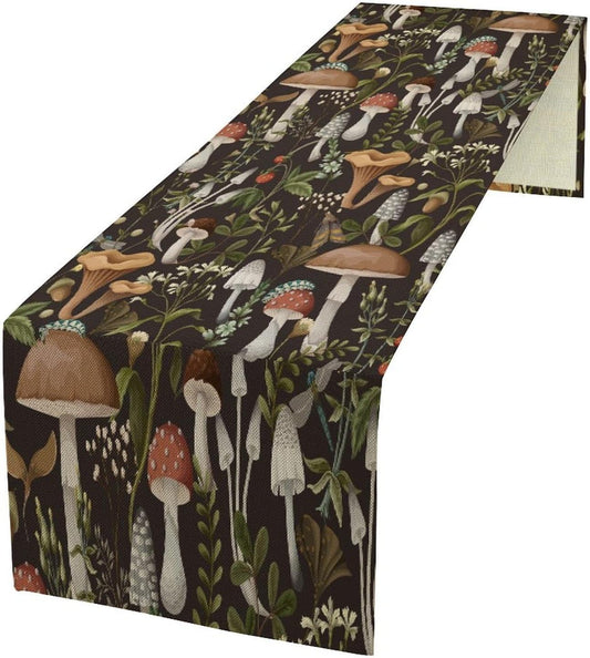 Mushroom Table Runner,Retro Forest Wildflower Botanical Plants Flower Art Pattern Print Burlap Hotel Indoors Outdoor Dining Room Kitchen Holiday Party, 13x60in