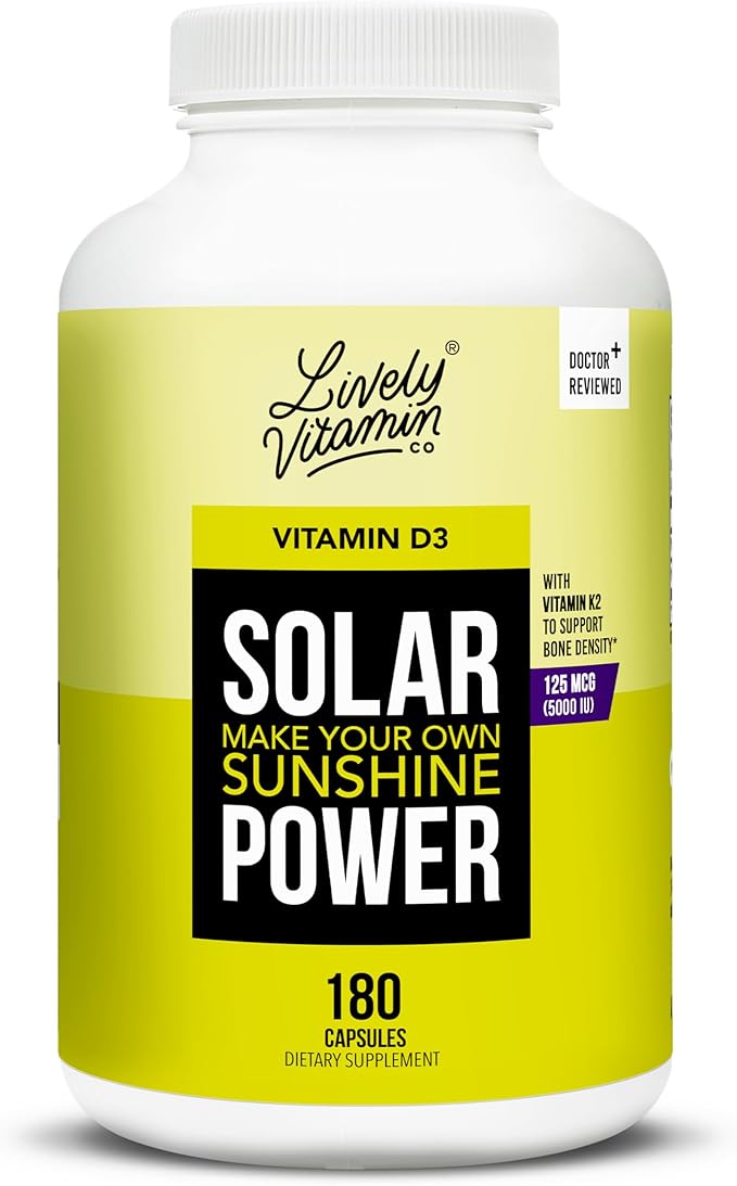 LIVELY VITAMIN CO. Solar Power Vitamin D3 5000 iu - Patented Vitamin K - MK7 - Immune Balance - Brain Function - Mood - Heart - Stress - 180 Count