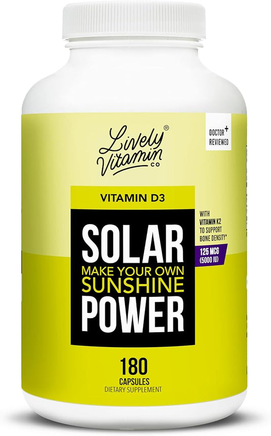 LIVELY VITAMIN CO. Solar Power Vitamin D3 5000 iu - Patented Vitamin K - MK7 - Immune Balance - Brain Function - Mood - Heart - Stress - 180 Count
