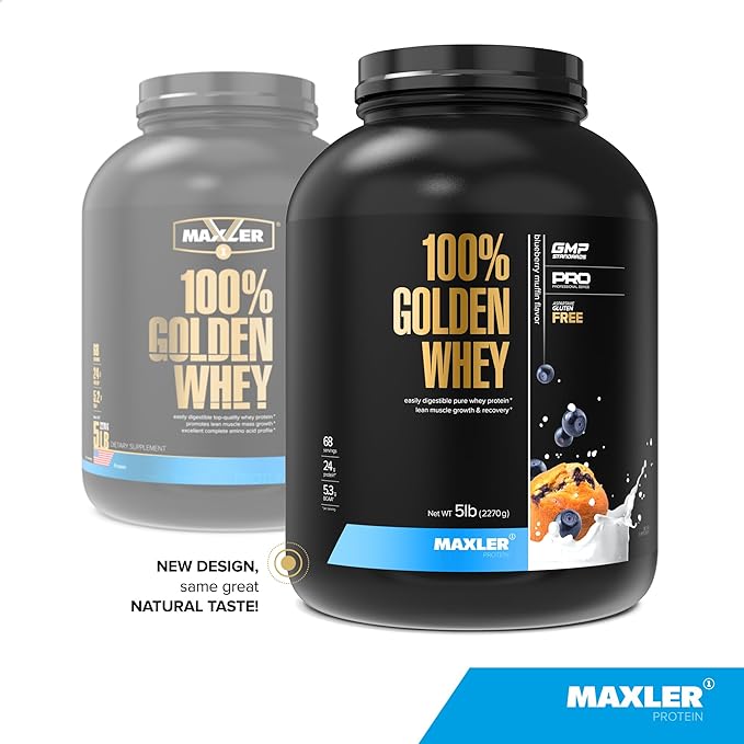 Maxler 100% Golden Whey Protein - 24g of Protein per Serving - Premium Whey Protein Powder for Pre Post Workout - Fast-Absorbing Whey Concentrate, Isolate & Hydrolysate Blend - Blueberry Muffin 5 lb