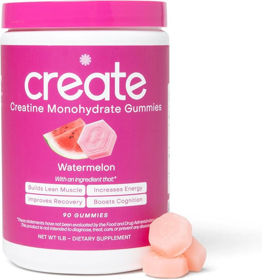 Create Creatine Monohydrate Gummies for Men & Women - Boost Focus, Strength, and Endurance, Anti-Melting Formula, Vegan, Gluten-Free, Non-GMO, 1.5 Gram Creatine per Gummy (Watermelon, 90 ct)
