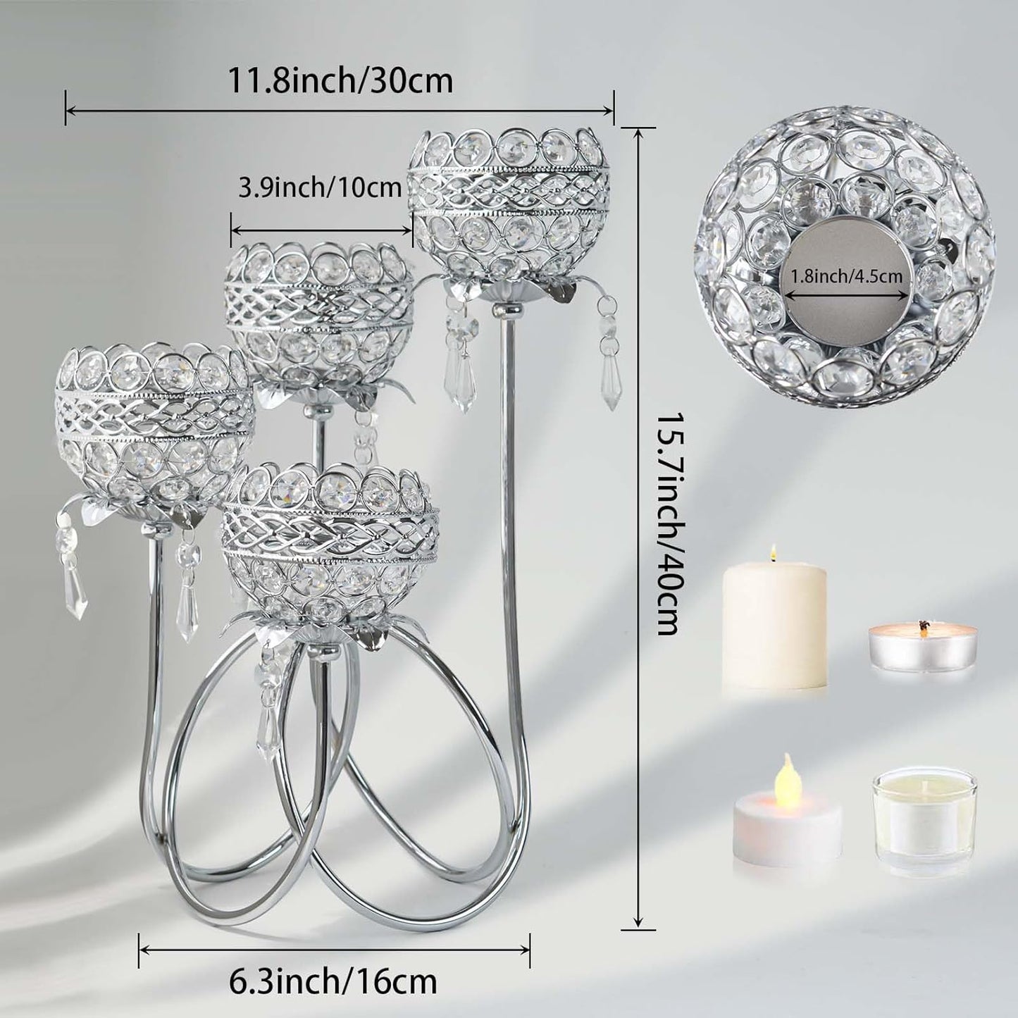 4 Arms Crystal Candelabra Tealight Holder - Tall 15.7 Inch Elegant Tabletop Centerpiece with Crystal Pendant Bowls & Artistic Metal Stand for Wedding, Dining Table, Home Decor (2, Silver)