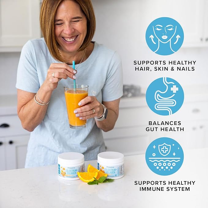 Colostrum Collagen Peptide Protein Powder Hydrolyzed HydroPeach Gut Health, Skin & Immune Support | 1g Bovine Colostrum 2g Collagen Peptides 20mg Peach Ceramides Blend Unflavored 25 Servings, No Sugar