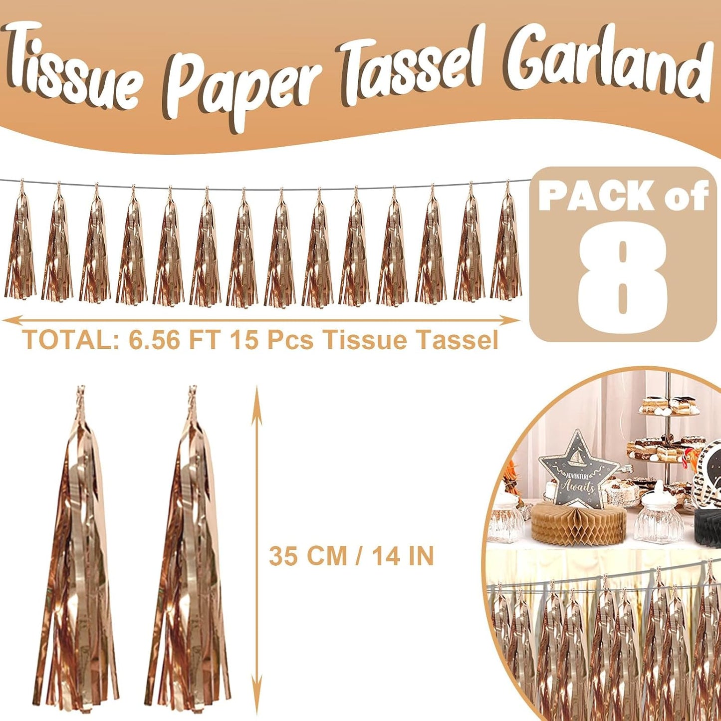 8P Champagne Gold Foil Fringe Metallic Tassel Streamers Banner Tassel Garland for Parade Floats, Bachelorette, Wedding, Birthday, Halloween, Christmas, Bridal/Baby Shower Party Decorations