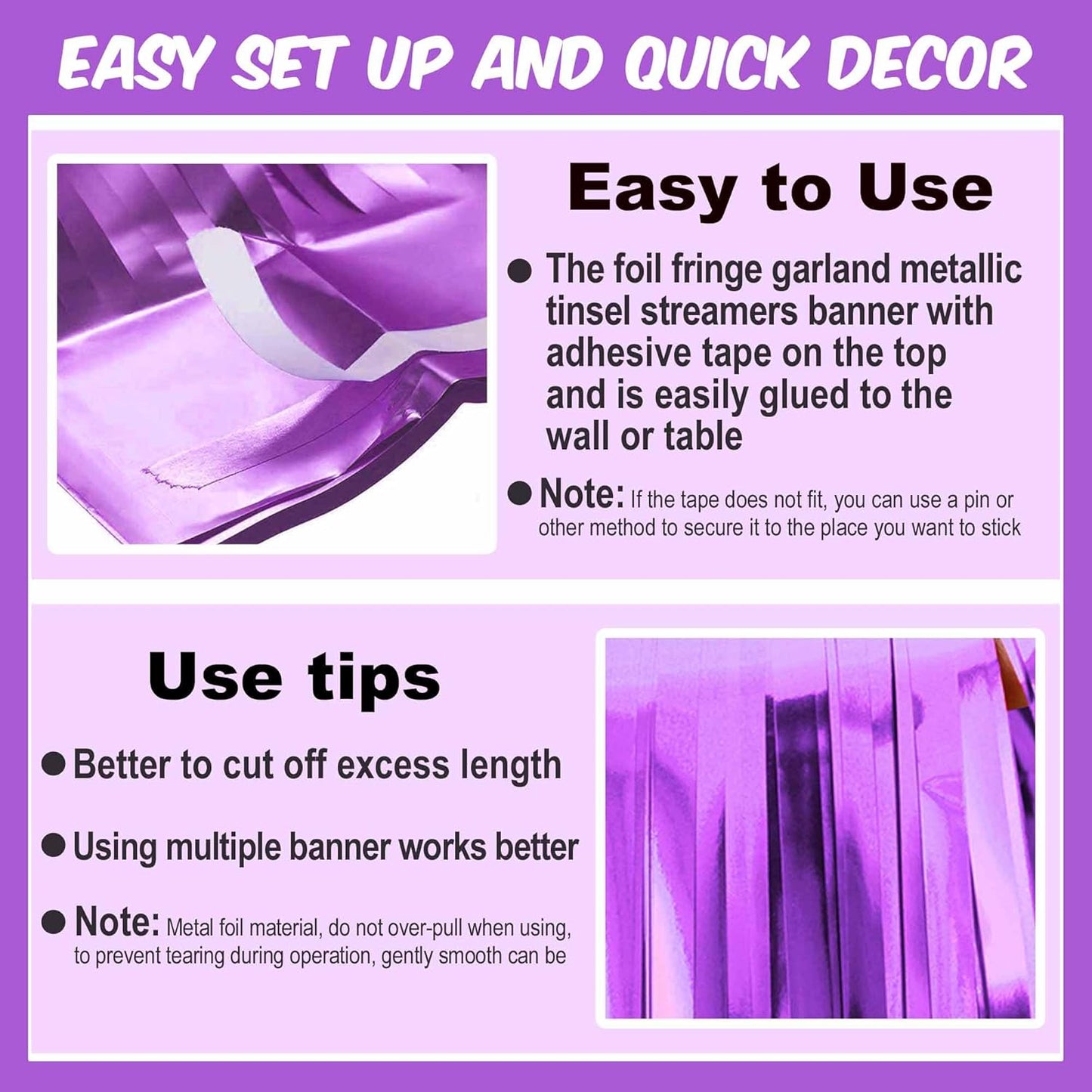 4 Pack 10 Ft Light Purple Foil Fringe Garland Metallic Streamers Tinsel Banner Wall Hanging Garland Backdrop for Parade Floats, Halloween, Christmas, Thanksgiving, New Year Party Decorations