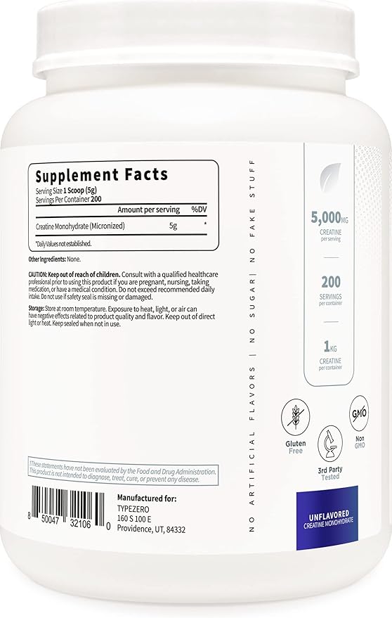 Type Zero Creatine Monohydrate (Unflavored) 1 KG, 5000mg (5g) Per Serving, Micronized, Zero Sugar, Keto Friendly & Gluten Free, 200 Servings