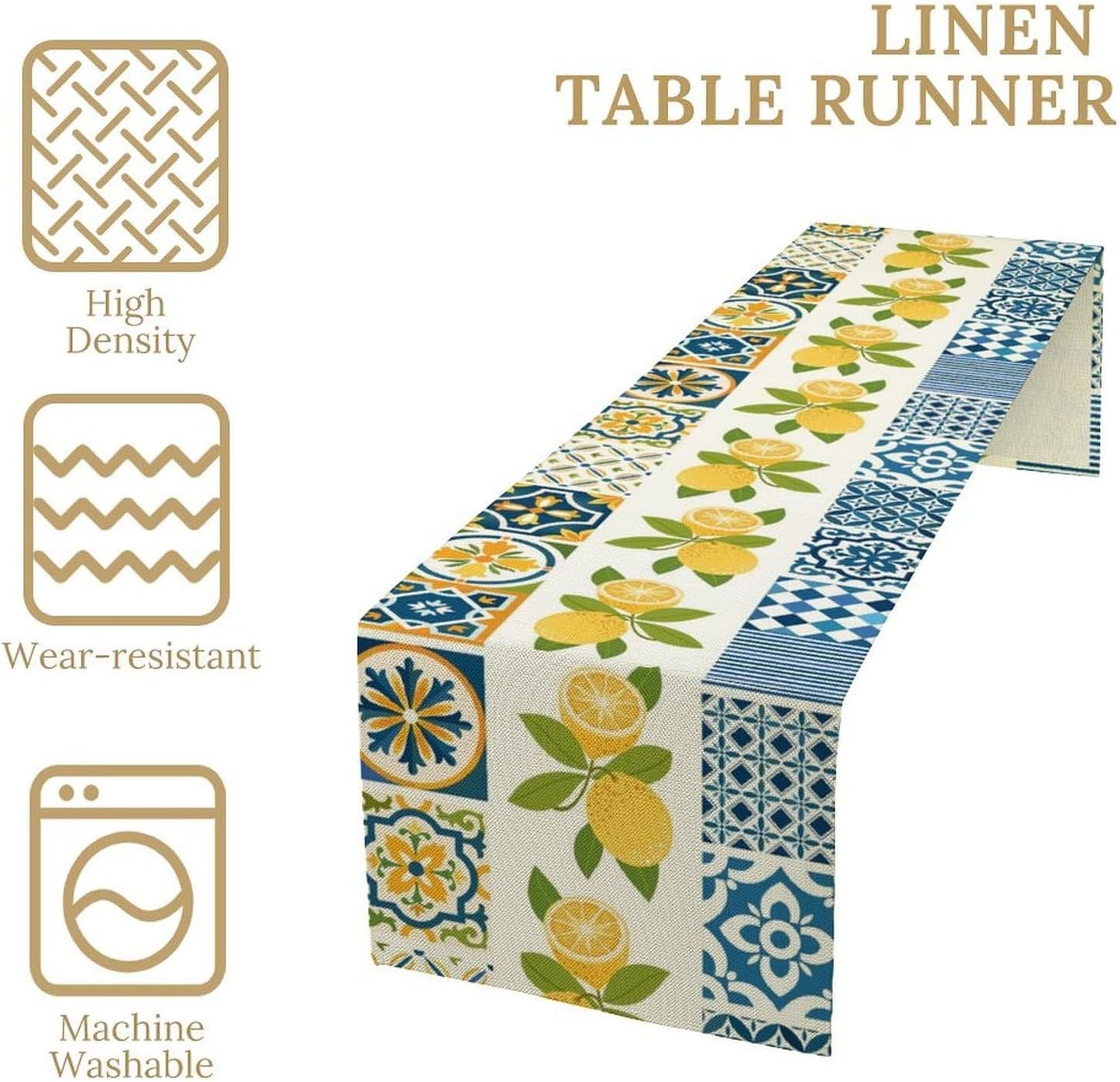 Lemon Table Runner,Watercolor Blue Fruits Green Leaves Print Table Cloth Kitchen Dining Table Home Party Decoration 13x72 Inch