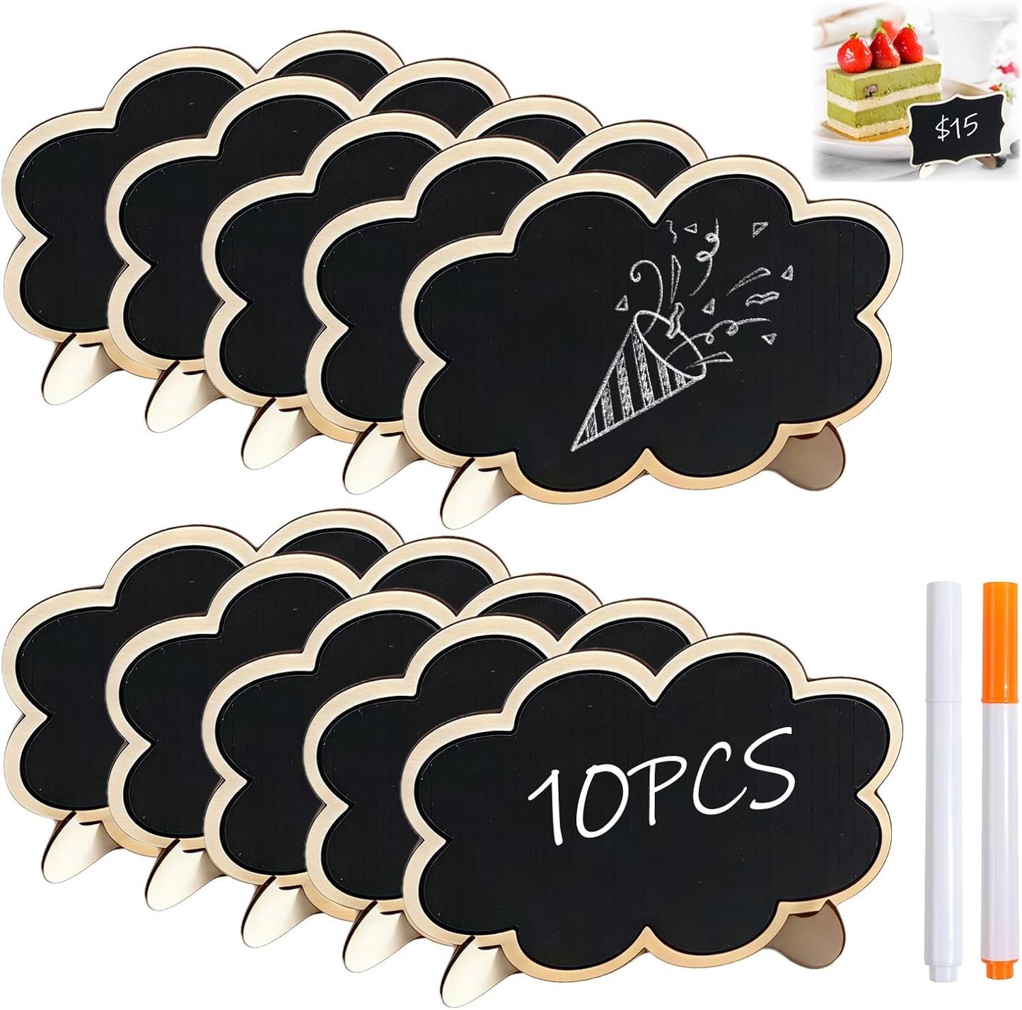10PCS Mini Chalkboard Signs, Framed Small Chalk Board Food Labels with Easel Stand, Reusable Writable Blackboard with 2 Chalks, Wood Place Cards for Weddings, Birthday Parties, Buffet (Cloud)