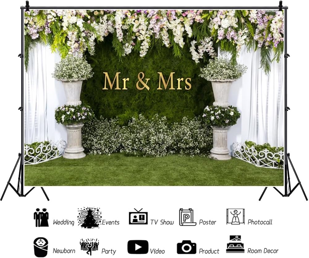 Wedding Arch Flower Backdrop 7x5ft - Mr to Mrs Engagement & Anniversary Photography Background