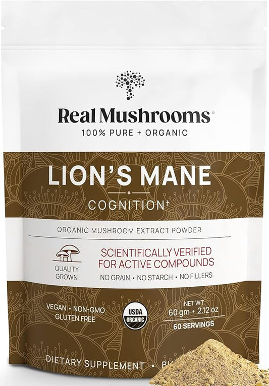 Real Mushrooms Lions Mane Mushroom Supplement - Organic Lions Mane Extract Powder for Overall Wellness with Adaptogens – Functional Vegan, Non-GMO Blend with 60 Servings