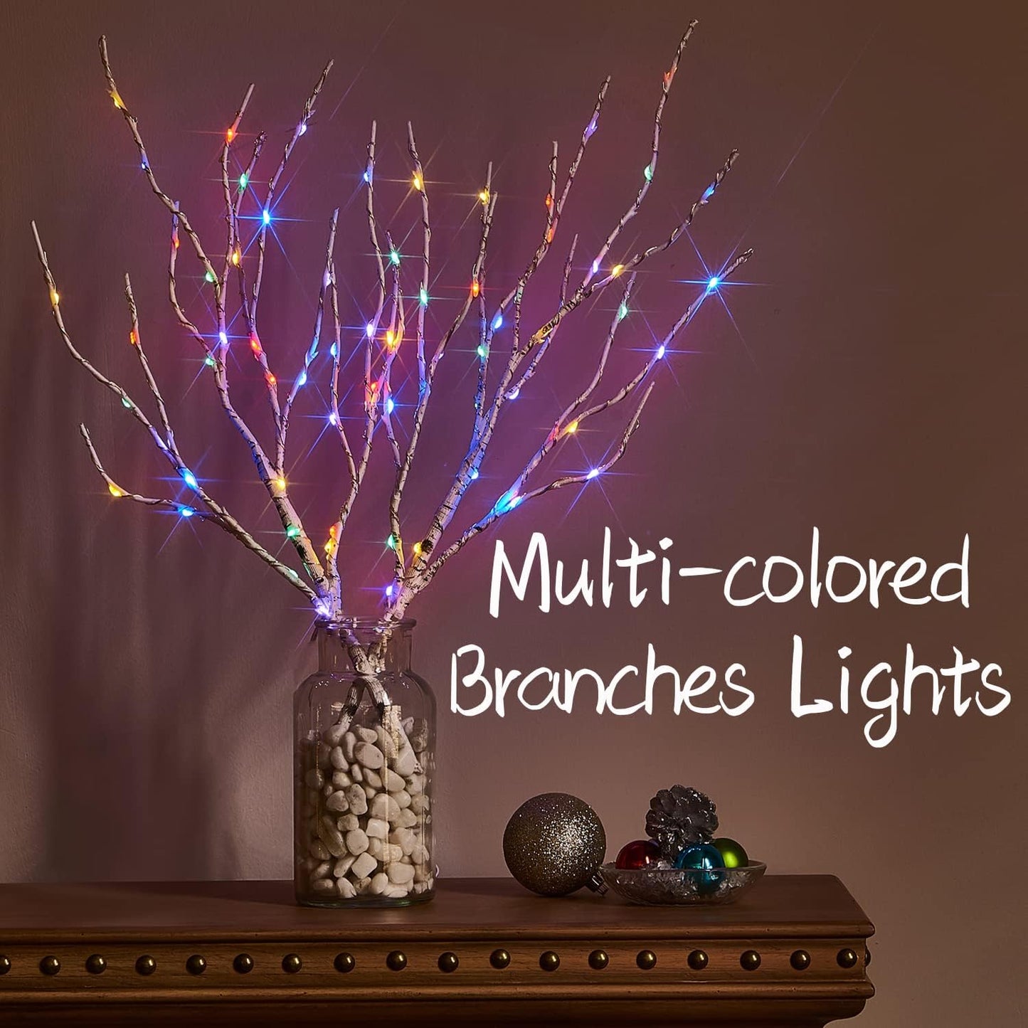 Fudios Lighted Birch Branches with 70 Multicolor LED Fairy Lights 18in Battery Operated, Lit White Twig Branches Color Changing Lights for Christmas Party Decoration