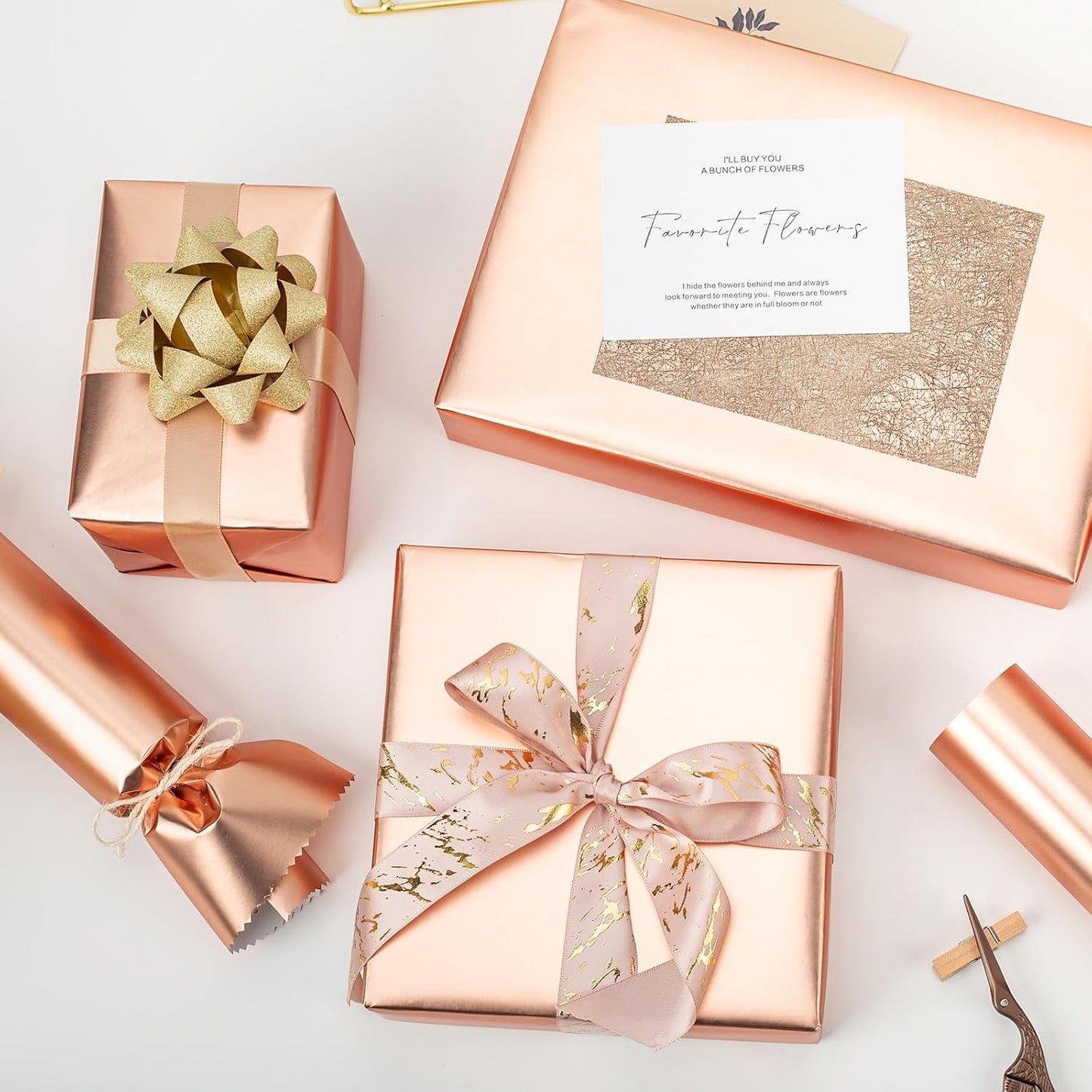 Garbendy Rose Gold Wrapping Paper Roll - Solid Color Metallic Paper Perfect for Birthday, Wedding, Baby Shower, Party - 17 Inch X 33 Feet