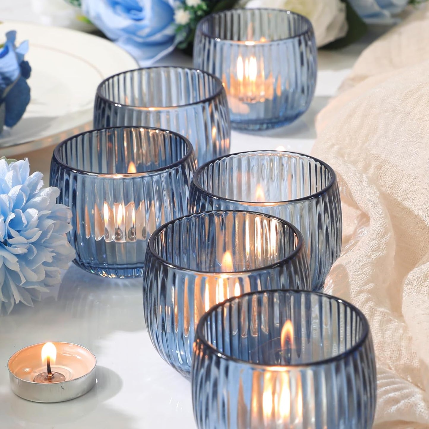 Set of 6 Ribbed Glass Votive Candle Holders, Blue Glass Tealight Holders for Taper Candles - Elegant Table Centerpieces for Weddings, Christmas, Parties, and Home Decor