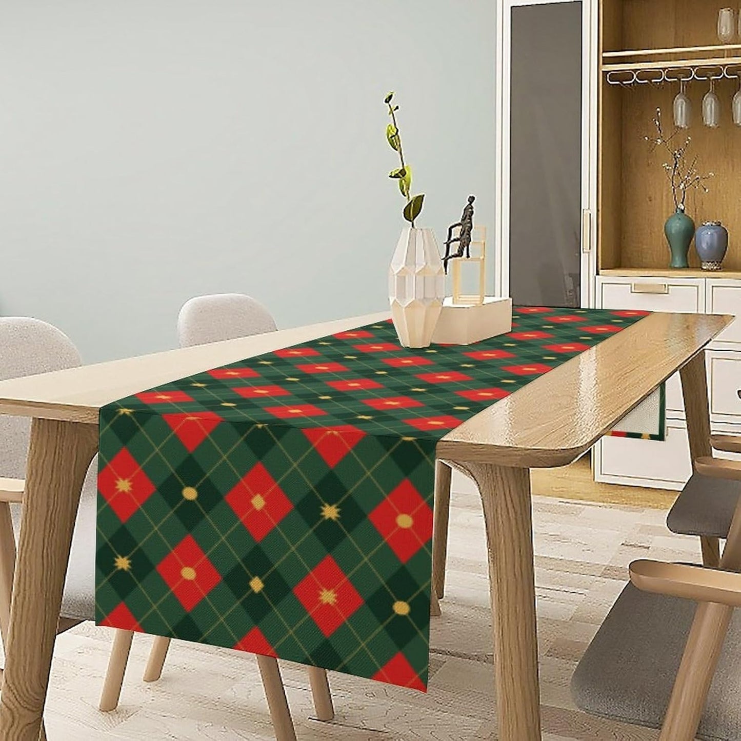 Christmas Table Runner,Green Red Xmas Plaid Table Cloth Kitchen Dining Table Decoration for Home Party Decor 13x60 Inch
