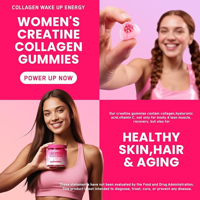 Creatine for Women, Creatine Monohydrate Gummies with Collagen+BCAAs+Hyaluronic Acid+Vitamin C & B12, Supports Lean Muscle, Booty, Energy & Recovery, 120 Sugar-Free Flavored Vegan Gomitas de Creatina