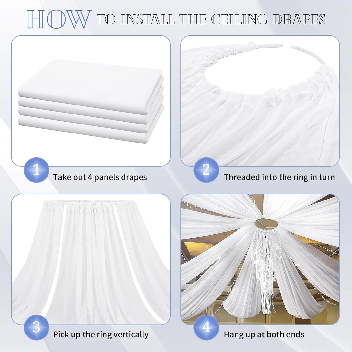 4 Panels White Ceiling Drapes for Wedding 5ftx30ft Sheer Drapery Chiffon Fabric Arch Draping Curtains for Party Ceremony Birthday Baby Shower Reception Stage Ceiling Decorations