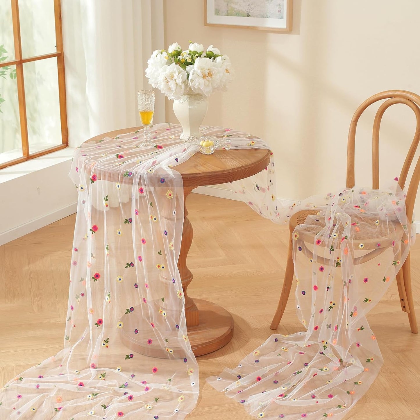 White Embroidery Daisy Fall Table Runner 120Inch 10FT Florals Soft Sheer Tulle Fabric Table Runner for Home Decor, Brithday, Wedding, Baby Shower ,Holiday ,Parties, DIY Craft,3PC