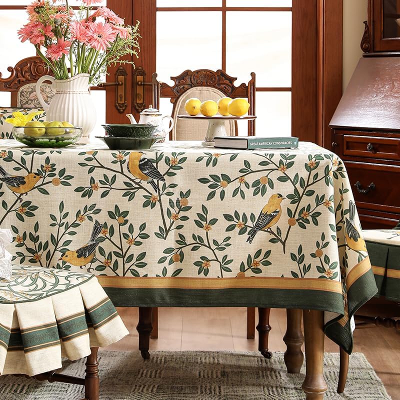 patdrea Designer Green French Linen Rectangular Tablecloth,Vintage Durable Floral Table Cloth,Decorative Table Cover for Kitchen Dining,Parties,Party,Christmas,Thanksgiving,55"x87"-Warbler
