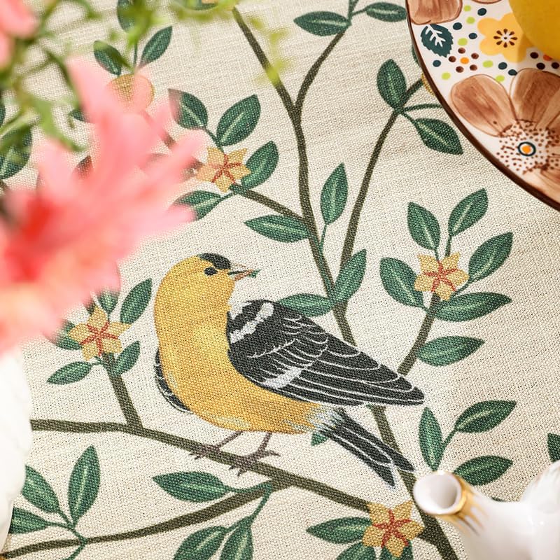 patdrea Designer French Table Cloth for Rectangle Table,Vintage Green Linen Birds and Leaves Pattern Tablecloths,Dacorative Cover Kitchen Dining,Christmas,Thanksgiving,Tea Party,55"x79"-Warbler