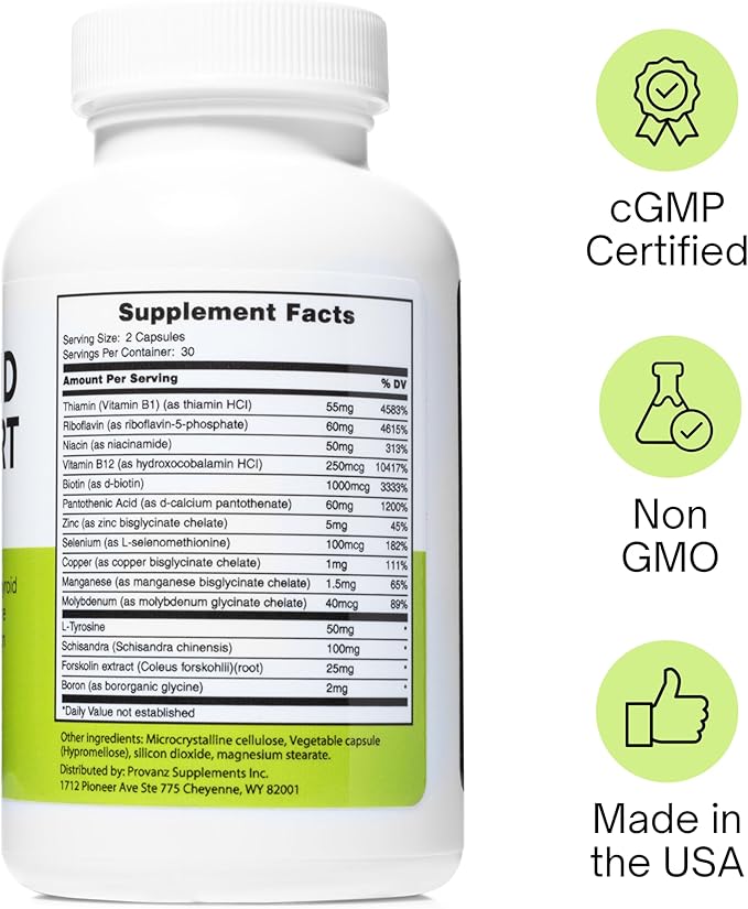 Thyroid Support Complex (60 Capsules) Thyroid Support for Women & Men, 0% Iodine, Boosts Mood & Energy, Fights Brain Fog & Stress, Includes B Vitamins, Non-GMO, Made in USA - cGMP Certified