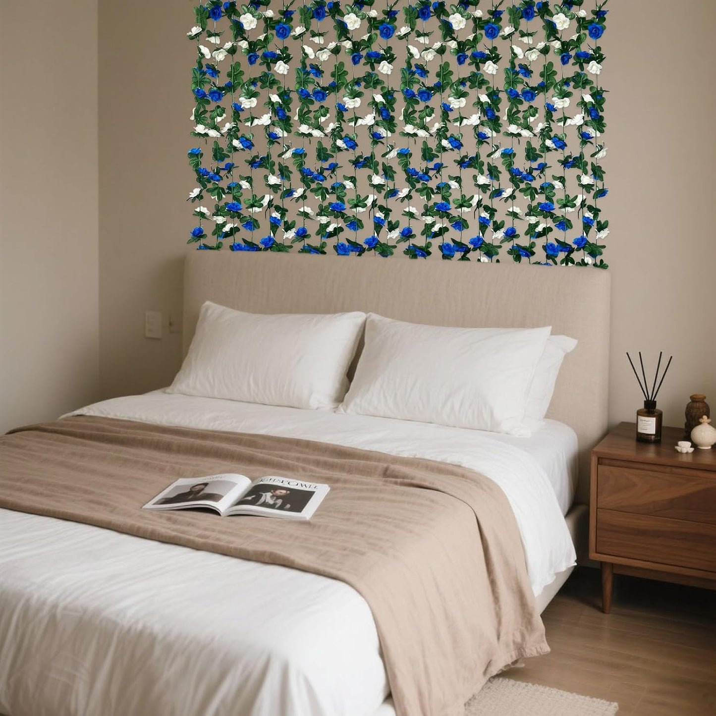 8Pcs 63Ft Royal Blue&White Fake Rose Hanging Flowers, Artificial Flower Vine, Hanging Floral Vine Garland for Wedding, Wall Arch, Halloween, Christmas Garden Backdrop Decor